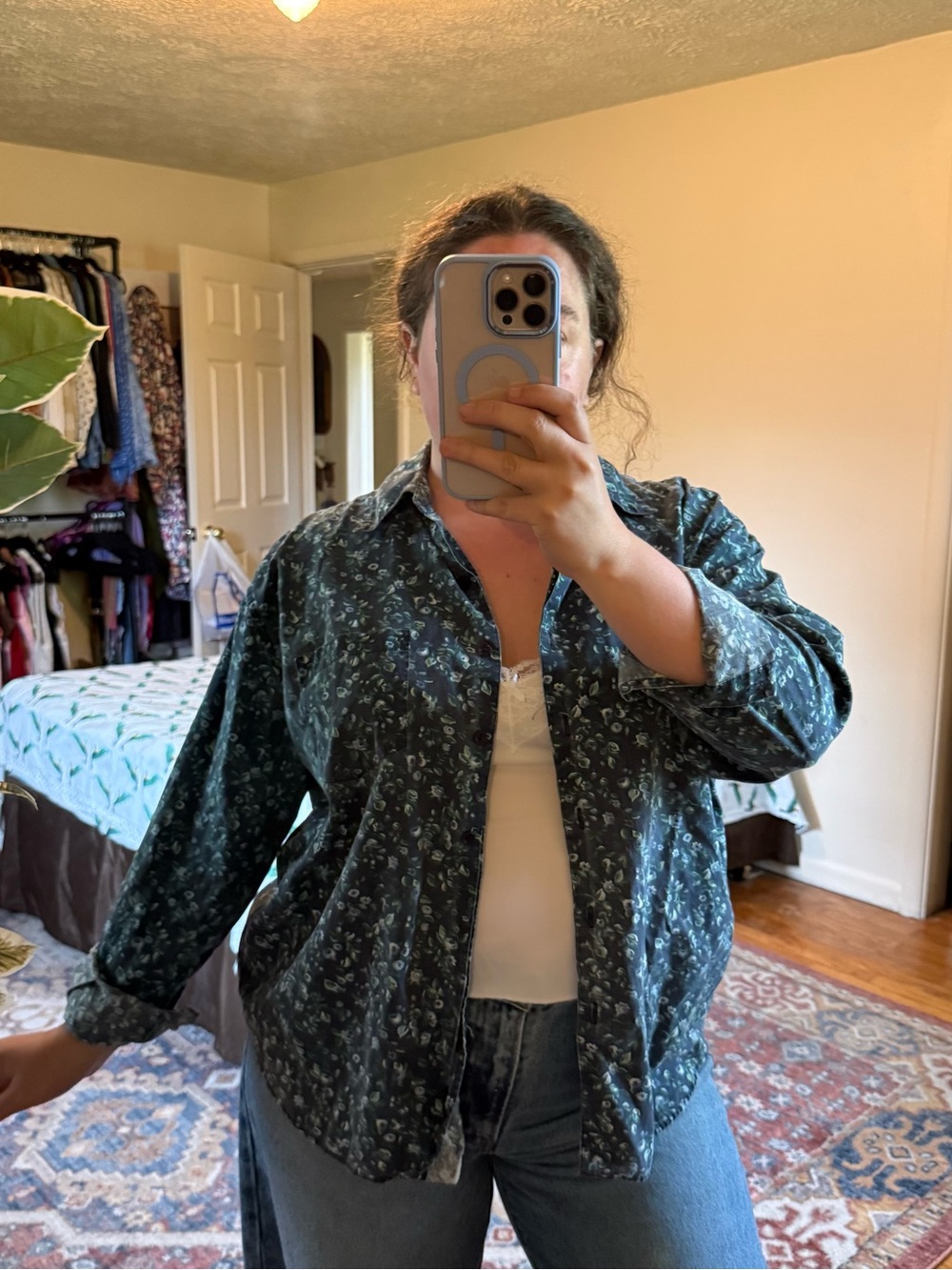 Basic Editions Teal Floral Button-Down Shirt